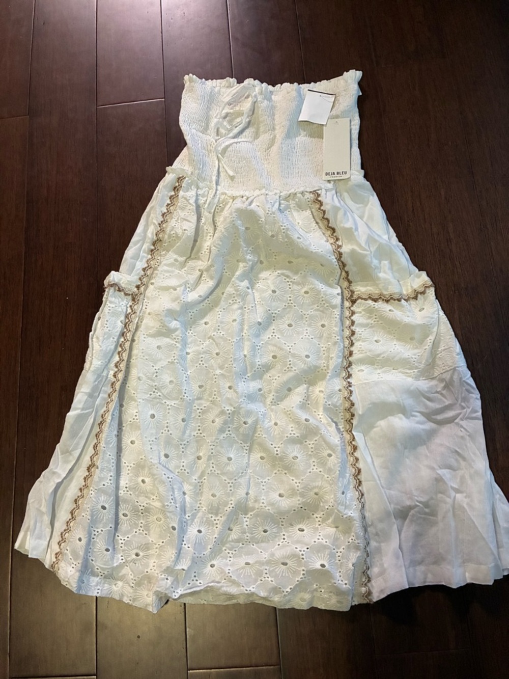 Strapless White Eyelet Maxi Skirt (or dress) with Tan Trim